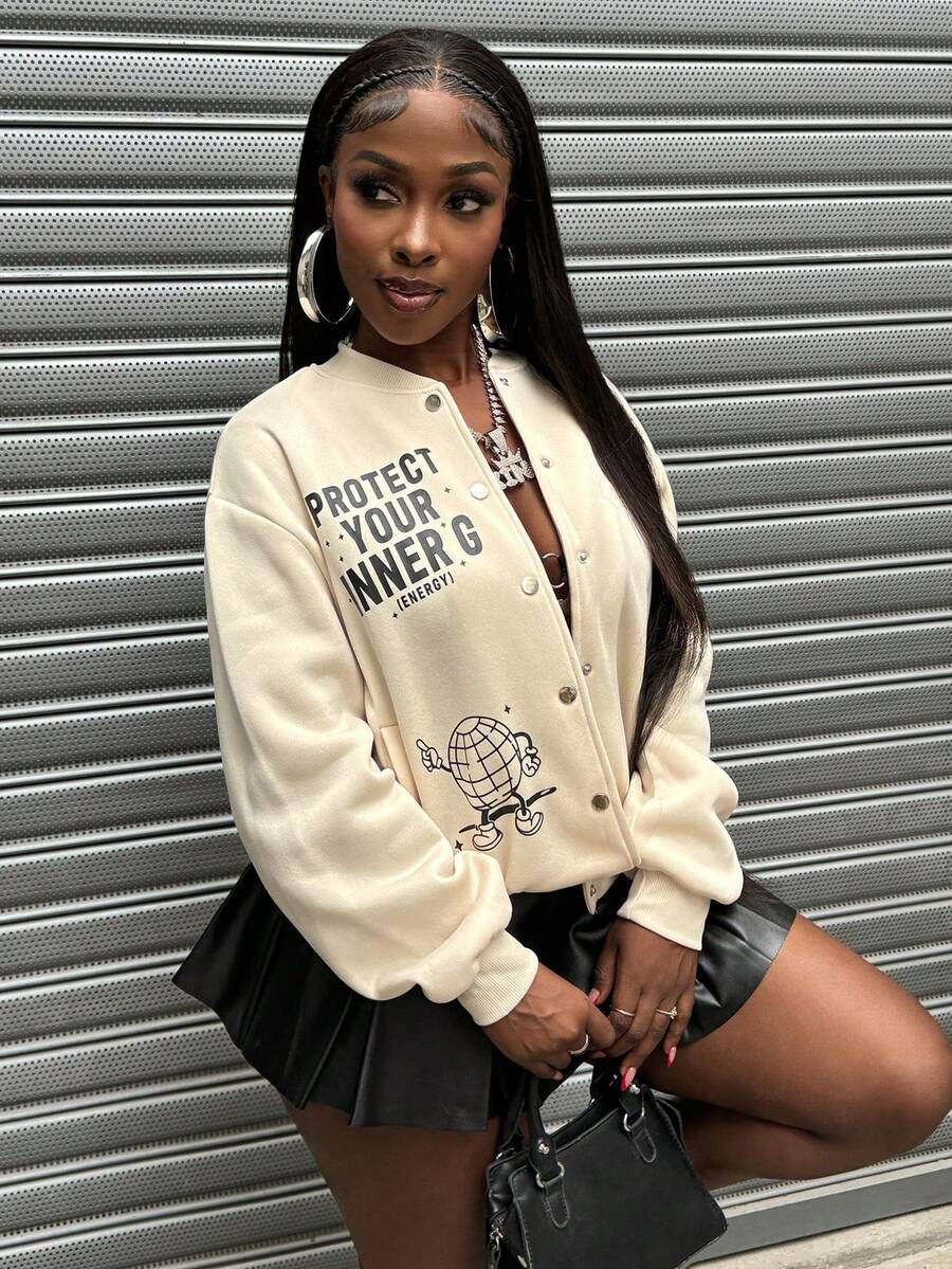 SHEIN Women's Casual Long Sleeve Jacket With Front Button Closure And Letter Print Design - Apricot - View 1