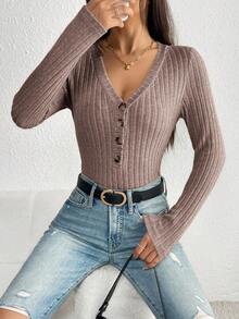 SHEIN PETITE 1pc Solid Color Button-Front Long Sleeve Casual Bodysuit, For Daily Wear - Khaki - View 5