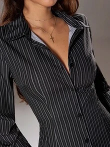 TRNVIE 女式春夏长袖蓝色条纹腰部修身休闲衬衫女式衬衫 - 黑色 - 查看 4