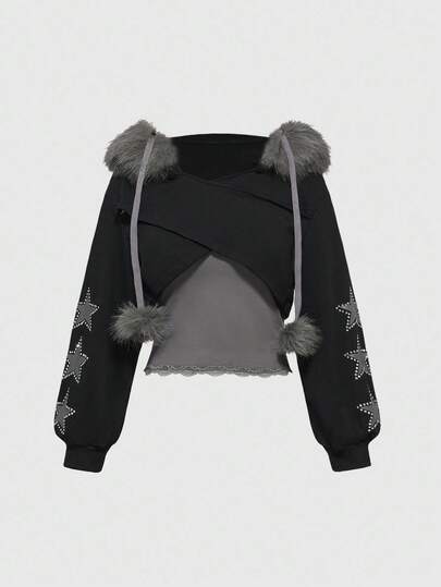 Fairycore Ensemble de sweat-shirt à capuche et gilet rétro Y2K avec patchwork de strass pour femmes