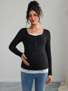 Momance Camiseta de maternidad de punto acanalado con parches y contraste de color con encaje