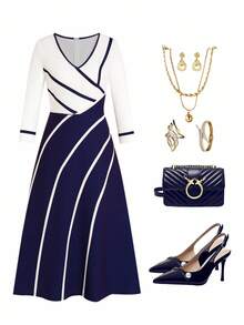 Ellevyn Vestido elegante de uso diario con cuello en V y contraste de color