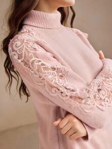 Anewsta 优雅粉色镂空蕾丝高领柔软女士毛衣，秋冬 - 淡紫色 - 查看 2