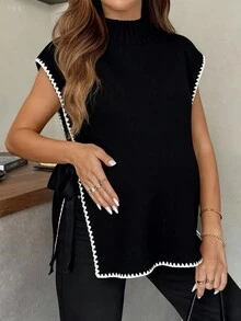 SHEIN 女式休闲撞色边侧开衩针织背心，秋冬 - 黑色 - 查看 6