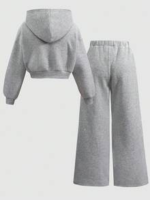 SHEIN Tween 女童休闲针织连帽短款卫衣和裤子套装 - 彩色 - 查看 2