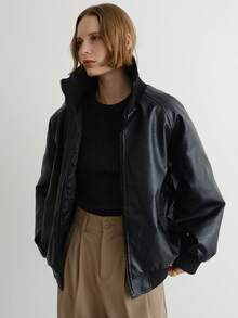 FRIFUL Women's Black Solid Color PU Fabric Stand Collar, Cuff & Hem Drawstring Loose Casual Padded Coat, Suitable For Autumn/Winter Jacket