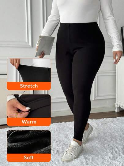 SHEIN LUNE Plus Size Fleece Warm Leggings,Winter,Black,Smart Casual Business Casual,Upgraded Thermal Fabric,High Elasticity,Solid Color Daily Wear Lounge Office