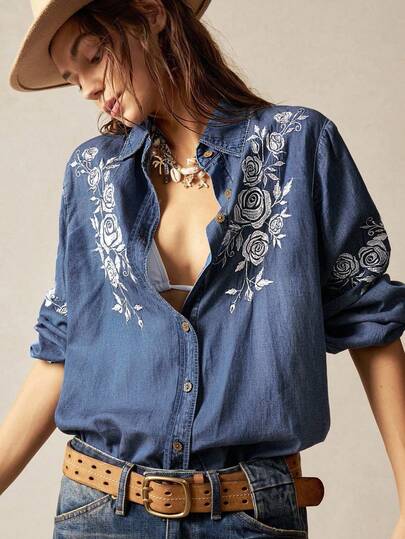 Bohemela Plus Size Women Floral Embroidered Long Sleeve Single Breasted Casual Shirt,Vintage
