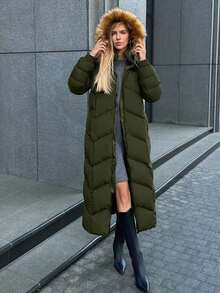 EURMUSE Gesteppter Kunstpelz Kapuzen Damen Daunenjacke, leuchtender Stoff, modisch und warm im Winter - Armeegrün - Übersicht 7
