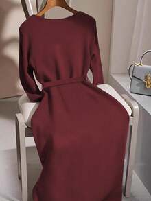 GlowEve Long Sleeve Crew Neck Tie-Up Gray Sweater Dress, Luxurious Minimalist Fashion, Versatile & Elegant, Suitable For Multiple Occasions - Burgundy - View 2