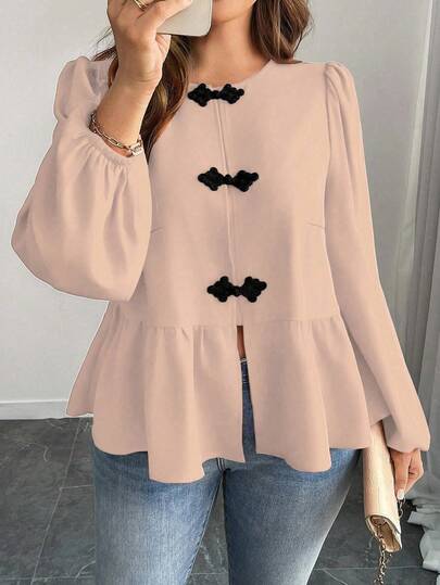 Elenzga Blusa casual con mangas de farol recogidas y decoración de botones para ropa de Año Nuevo y Día de San Valentín para mujeres, color rojo de San Valentín