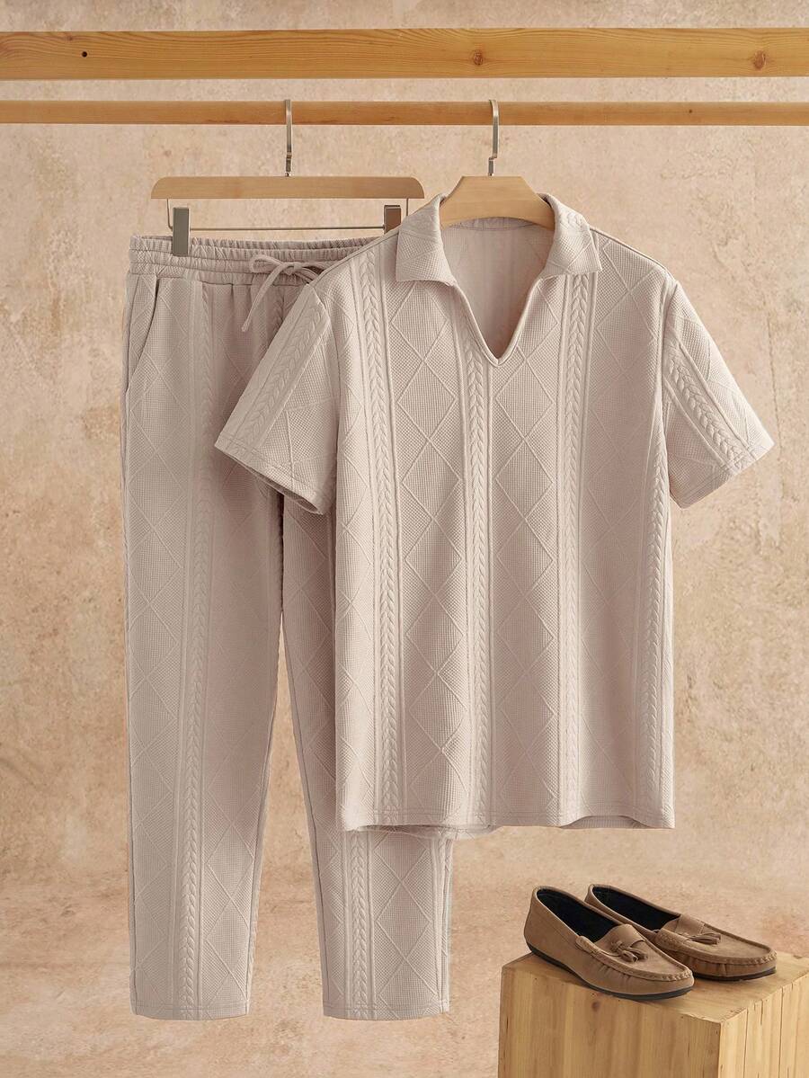 HIMLAND 2件套男士休闲麦穗提花Polo衫套装 - 卡其色 - 查看 1