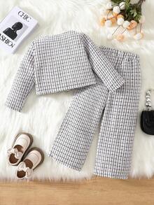 SHEIN Elladie kids 年轻女孩时尚黑白格子假口袋长袖外套，搭配宽松舒适的裤子，秋冬装扮 - 白色 - 查看 2