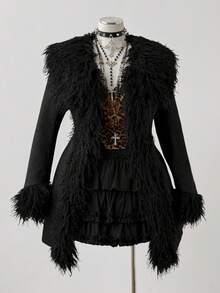 Sunspun Plus Size Fur Collar Waist Cinched Long Sleeve Coat