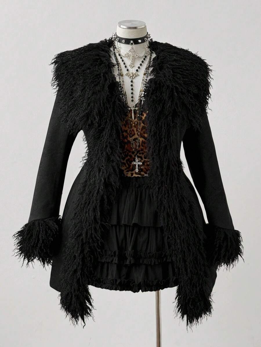 Sunspun Plus Size Fur Collar Waist Cinched Long Sleeve Coat