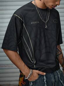 AXEPEAK Men's Letter & Spider Web Striped Print Round Neck Short Sleeve Casual T-Shirt - Black - View 3