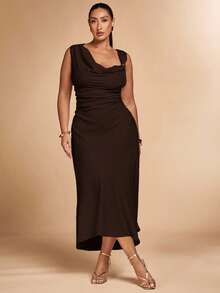 SHEIN BAE 大码女式卡其色不对称金属长裙 - 咖啡棕 - 查看 7