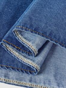 SHEIN 女童超大白色蝴蝶结点缀蓝色牛仔泡泡袖宽松连衣裙 - 中等水洗藍 - 查看 7