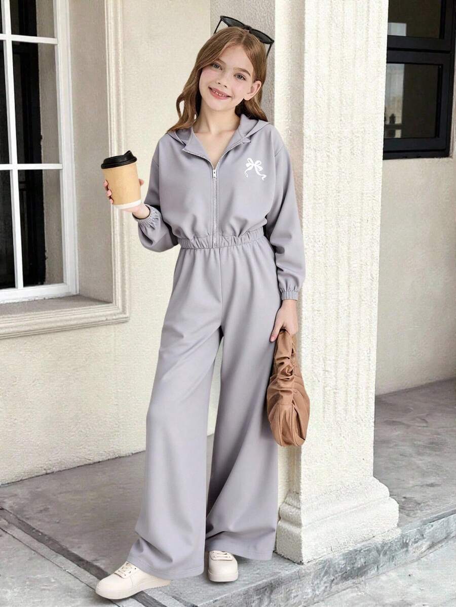 MODELY 青少年女孩 2 件套,深灰色針織純色連帽短版夾克與吊帶背褲,蝴蝶結印花,秋季休閒城市度假風套裝 - 深灰色 - 查看 1
