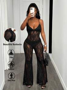 Slaydiva 2025 Autumn And Winter New Sexy Elegant Slim Black Transparent Lace Fabric Halter Neck Micro Flared Long Women Jumpsuit, Suitable For Country Concert Outfit,Halloween Costumes ,Christmas,Birthday Outfit,Club Outfits Women Sexy,Going Out, Party Gatherings-B