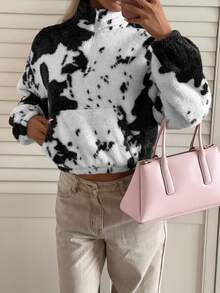 CovetEZ 女式休闲羊毛运动衫，黑白动物印花，秋冬女装 - 黑與白 - 查看 7