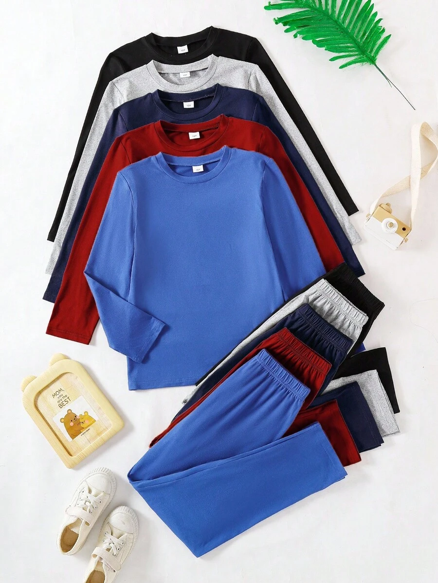 5pcs/Set Teen Boys' Fashion Comfortable Round Neck T-Shirt Paired With Straight Leg Pants Outfit
