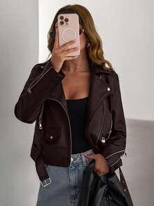 SHEIN Zip Up PU Belted Detailed Leather Moto Jacket, For Autumn/Winter - Brown - View 7