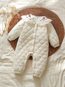 SHEIN Vintaside Kids Babygirl Infant & Baby Girl Winter Embroidered Lapel Long Sleeve Fashionable & Simple Western-Style Jumpsuit. This Jacket Is Perfect For Outdoor Travel, Providing Sufficient Cold Protection. The Style Is Fashionable And Practical. Fall