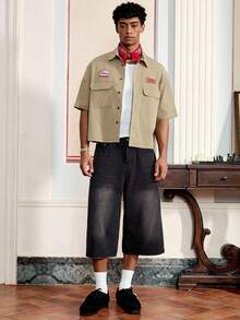 SWAVVY Men's Fashion College Style Button-Down Short Sleeve Shirt - Khaki - View 2