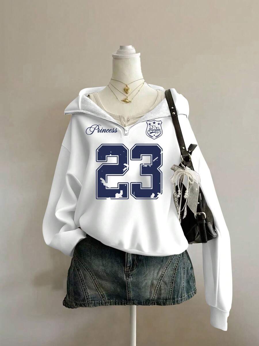 SHEIN EZwear Women's Back To School, 23 Vintage Pattern, Vintage Autumn Holiday Loose Half Zip High Collar Fleece Sweatshirt Suitable For Fall/Winter - White - View 1