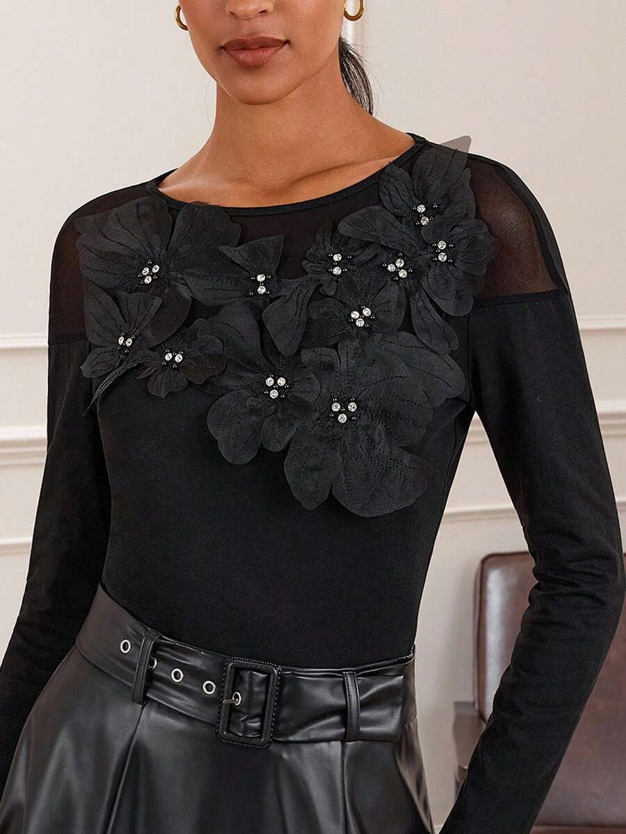 Lilora Bluză elegantă pentru femei, cu imprimeu floral 3D, pentru navetiști - Negru - Vizualizare 1