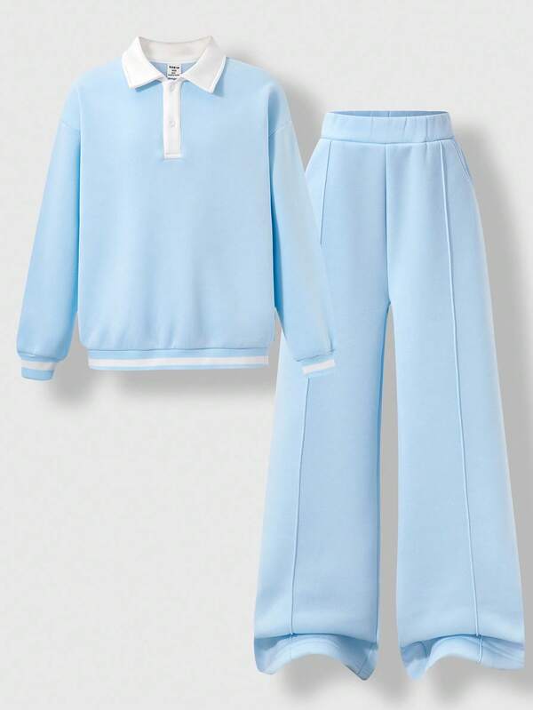 SHEIN Explorewe 2-Piece Set Of Velvet Blue Winter Turtleneck Jacket, Sweatshirt And Trousers For Tween Boys. The Trousers Have A Medium-Pressure Line Design On The Front And A Front Chain Design For Easy Putting On And Taking Off. Suitable For Spring, Autumn And Winter Wear. Suitable For Going To School, Street, Commuting, And Daily Casual Wear.