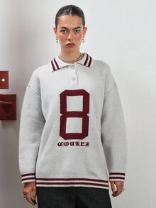 COUREZ Extreme Oversized Long Sleeve Rugby Knit Top With Collegiate Pattern /Y2K Going Out Spring Gym Sports Casual Cozy Spring Sweater Festivals - Light Grey - View 5