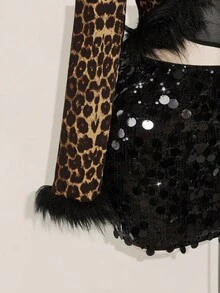 SHEIN ICON 大码女式豹纹 Y2k 毛绒装饰系带短款夹克秋冬女装 - 彩色 - 查看 10