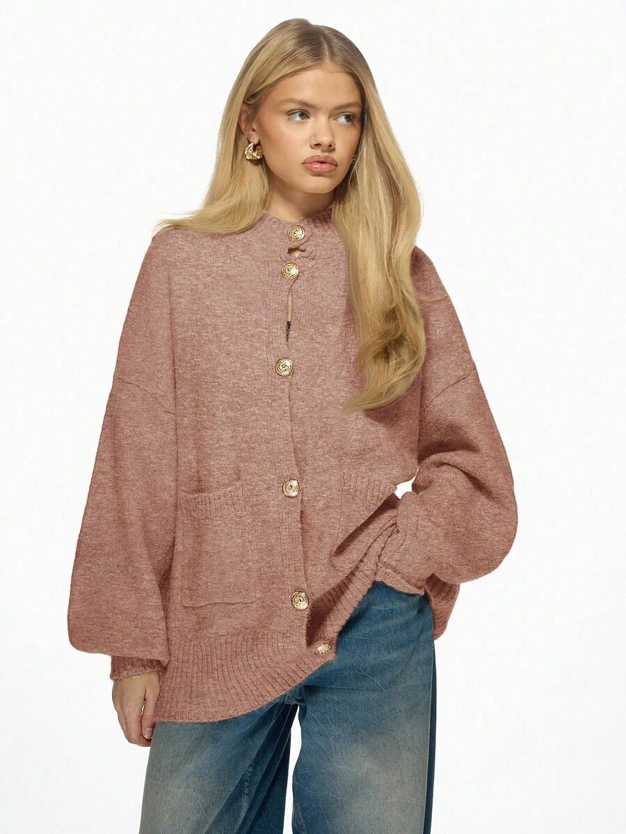 MISSGUIDED Cardigan tricoté à boutons surdimensionnés avec boutons ornés de dorure, manches lanternes, pull douillet pour l'hiver et l'automne, ourlet côtelé épais avec détail de poche