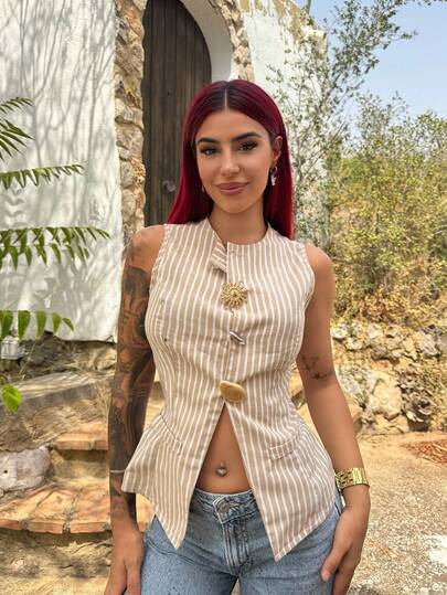 Bearsaez Women's Summer Casual Striped Front Button Tank Top