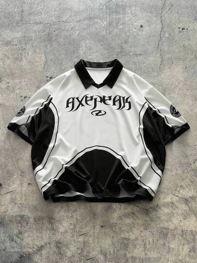 AXEPEAK Polo de manga corta deportivo con estampado de letras y color contrastante para hombres