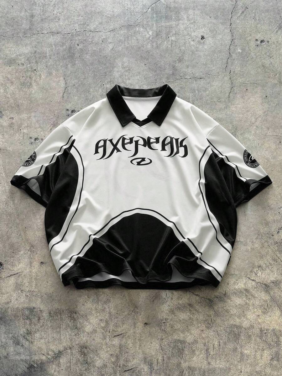AXEPEAK 男士字母印花撞色运动短袖 Polo 衫 - 黑色 - 查看 1