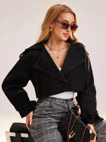 SHEIN Unity 女士短款休闲通勤羊毛混纺夹克 - 黑色 - 查看 4