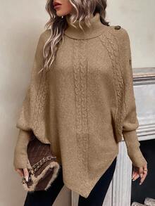 LanaWest Women's Casual High Neck Button Design Cable Pattern Batwing Sleeve Loose Knit Sweater, Autumn/Winter - Camel - View 5