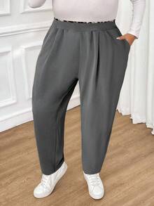 SHEIN CURVE+ 大码女装秋冬时尚休闲舒适豹纹拼接松紧腰口袋黑色裤子，女式下装，秋季女装，工作裤，教师服，曲线裤，办公室装，商务休闲女装 - 灰色 - 查看 5