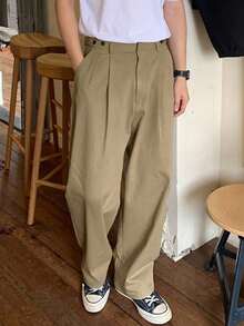 Claim Dot Men Fold Pleated Straight Leg Pants, For Fall - Khaki - View 3