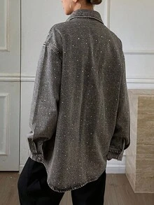 DAZY 女式休闲水钻装饰牛仔夹克，秋季 - 灰色 - 查看 2