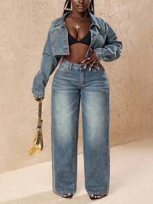 Slaydiva Plus Size Casual Washed Heart Pocket Wide Leg Jeans,Valentine's Day - Blue - View 8