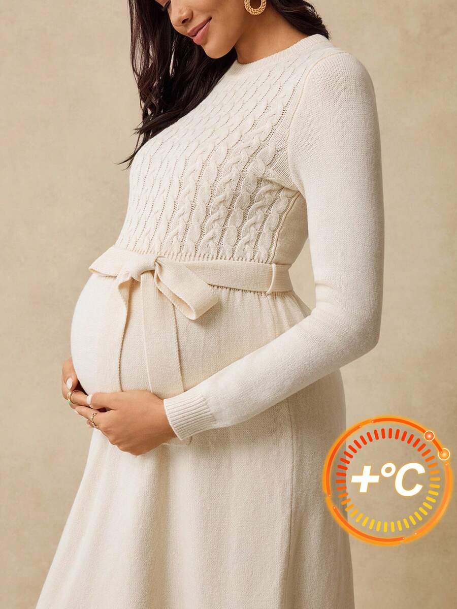 Boho Mama 孕婦秋冬針織洋裝,白色優雅絲滑繫帶休閒純色服飾,適合嬰兒洗禮拍照,米色奶油色秋季服飾 - 杏色 - 查看 1