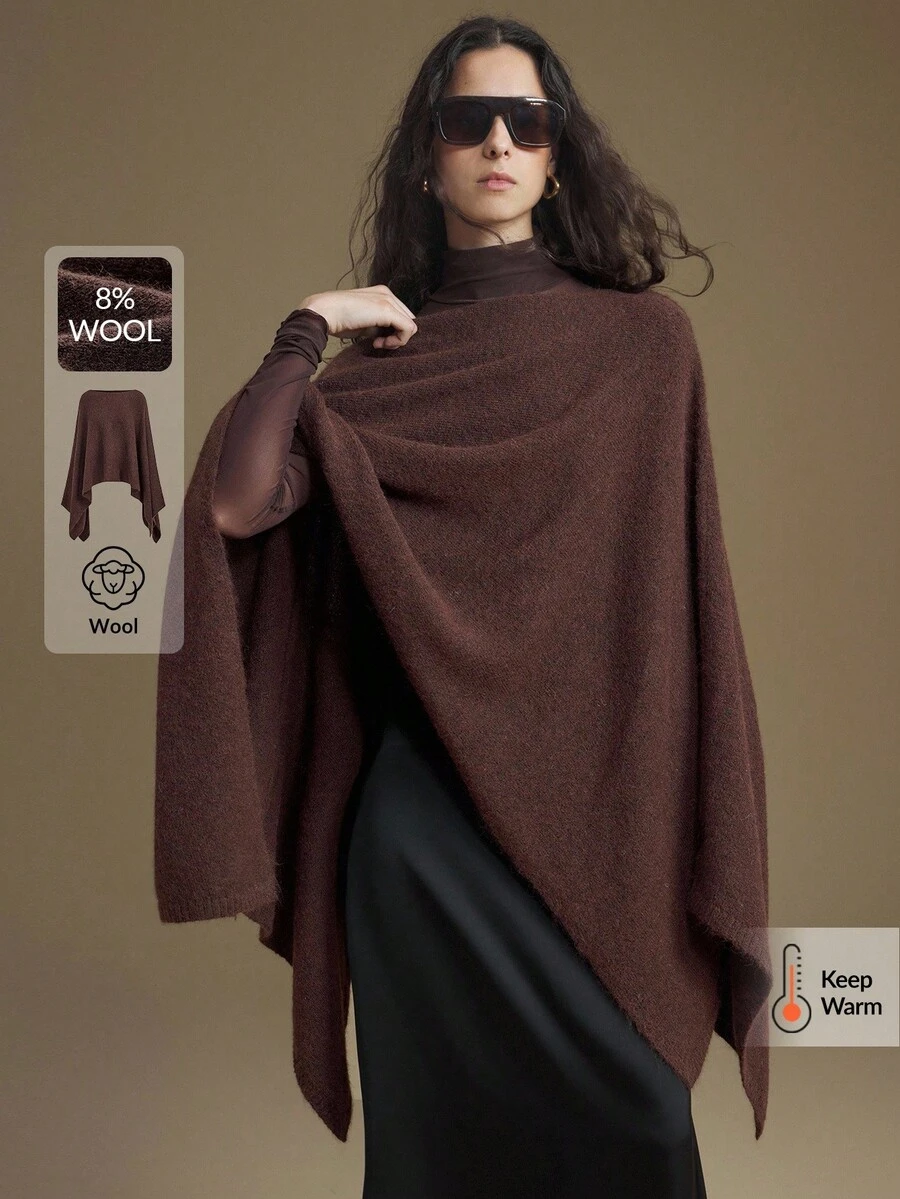 Ontre 羊毛材质 2025 新款休闲宽松圆领羊毛混纺斗篷毛衣，柔软舒适，适合商务、通勤和休闲，秋季服饰现代都市休闲时尚商务休闲女装办公室装低调老款风格轻松气质高端都市通勤高品质机场女装高端材质高端优雅复古巡航服装羊毛斗篷斗篷上衣棕色斗篷女装斗篷街头风格精致简约酷炫秋季棕色毛衣 - 棕色 - 查看 1
