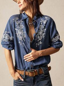 Bohemela Áo sơ mi thường ngày tay dài thêu hoa cỡ lớn cho nữ - Màu xanh lam - Xem 2
