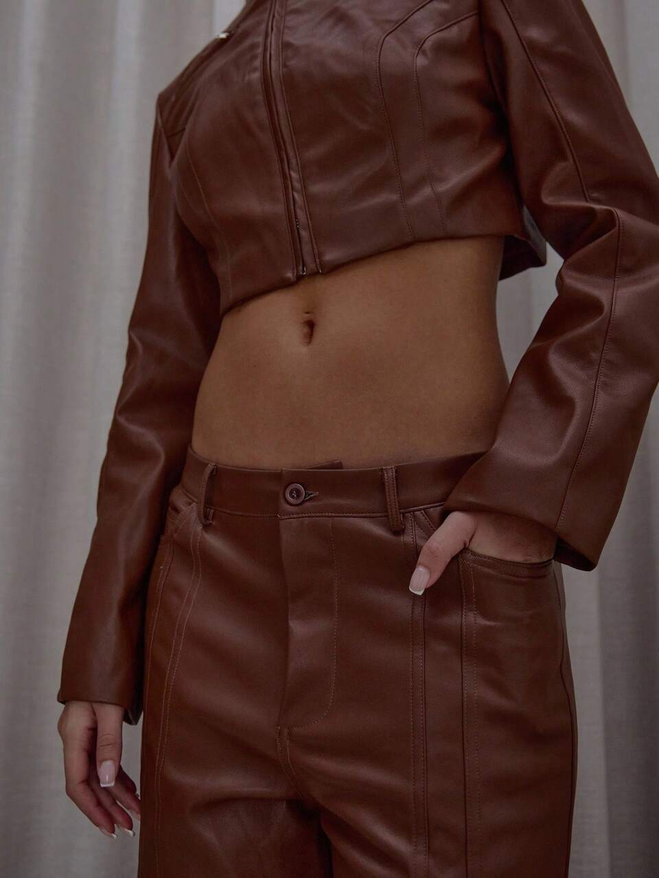 Wide Leg Faux Leather Center Seam Trousers Bottom Only Streetwear Classy Casual Sexy Going Out Toffee Summer
