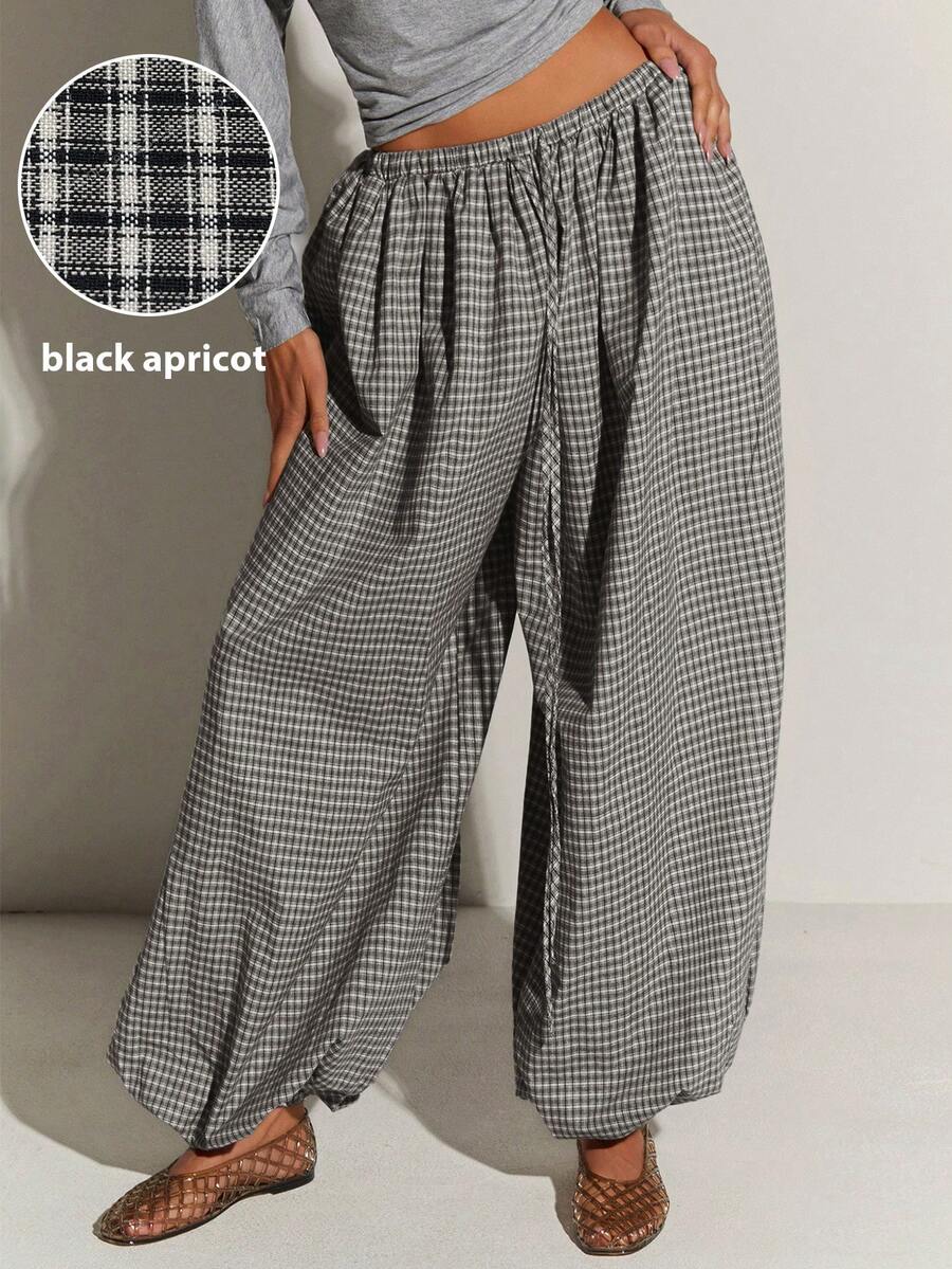 Athîral Women's Plaid Elastic Waist Loose Casual Balloon Pants, Summer - Black - View 1