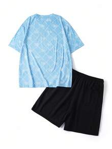 HELLO KITTY AND FRIENDS | SHEIN Unisex Casual College Style Cat Print Blue Loose Couple T-Shirt - Baby Blue - View 2